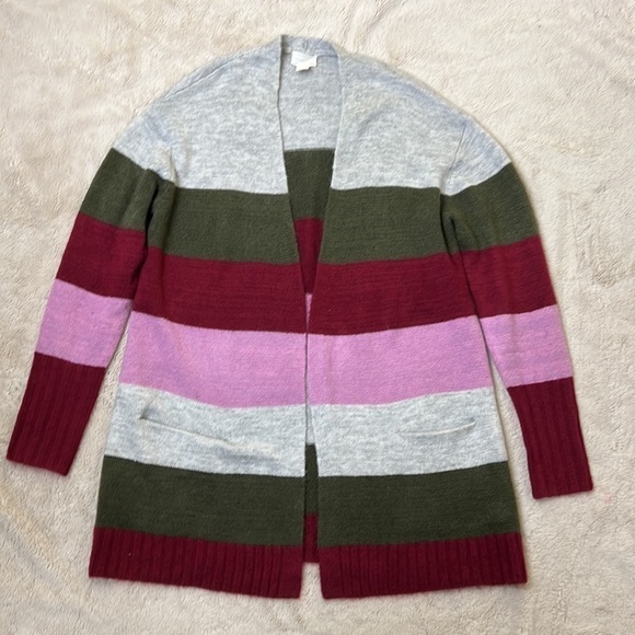 Caslon Open Front Pocket Gray w/ Green and Pink Stripe Cardigan Sweater - Size M - Picture 2 of 10